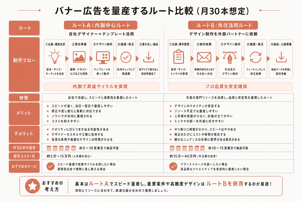 バナー広告を量産するルート比較（月30本想定）