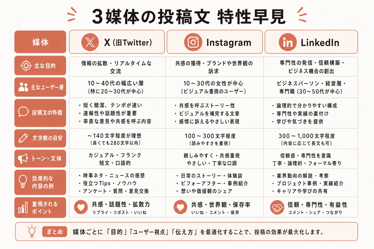 3媒体の投稿文 特性早見