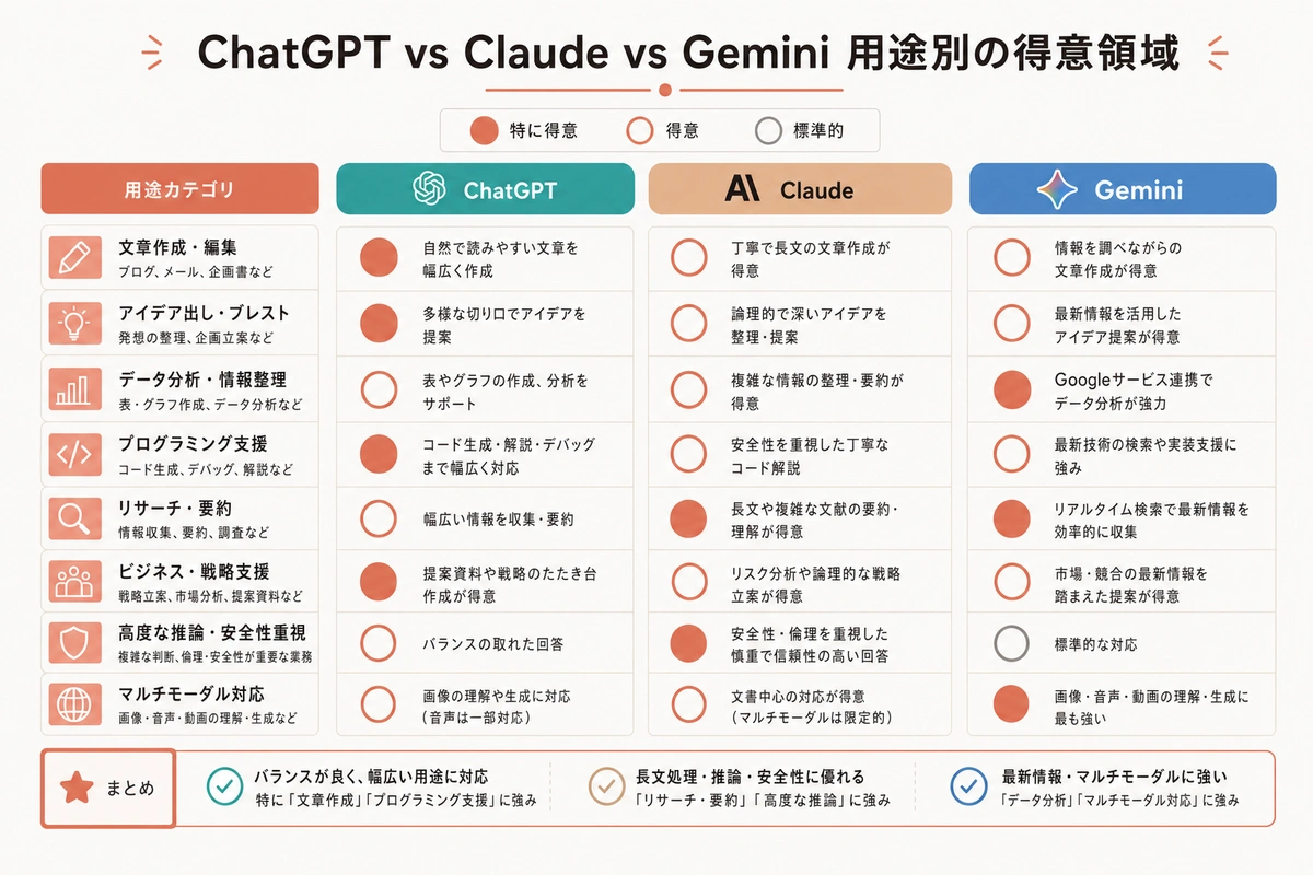 ChatGPT vs Claude vs Gemini 用途別の得意領域