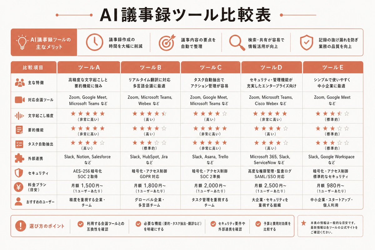 AI議事録ツール比較表